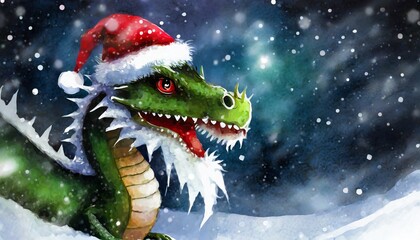 dragon with christmas hat in winter nature 