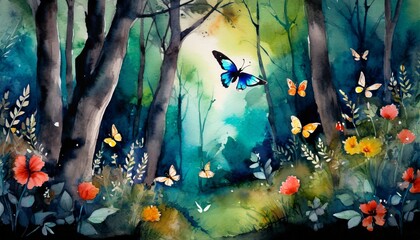 magically fantasy forest with butterflies 
