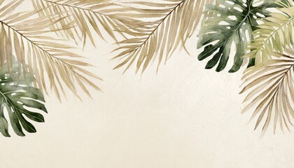 tropical beige design watercolor exotic leaves arrangement with palm branch