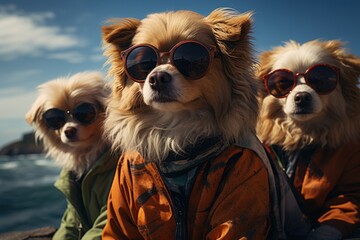  a group of three dogs wearing sunglasses sitting next to each other on top of a rock near a body of water.