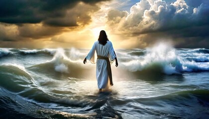 faith in the storm jesus walking on water amidst wind and waves - obrazy, fototapety, plakaty