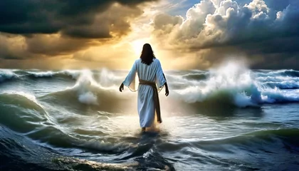 Fotobehang faith in the storm jesus walking on water amidst wind and waves © William