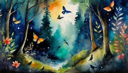 magically fantasy forest with butterflies  - obrazy, fototapety, plakaty
