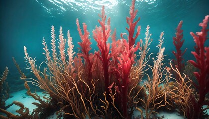 Naklejka na ściany i meble fantasy underwater plants in tuberose red and brown palette seaweedart