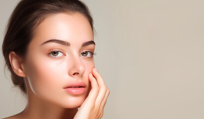 Beautiful woman touching her face with natural makeup and clean skin on a beige background. Concepts for cosmetic and skincare