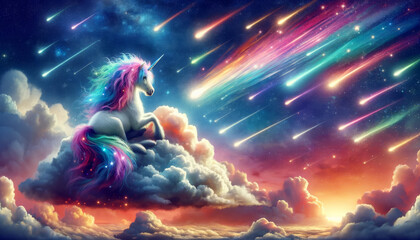 Obraz premium Unicorn Contemplating Meteor Shower. A unicorn sits on a cloud, observing a stunning meteor shower.