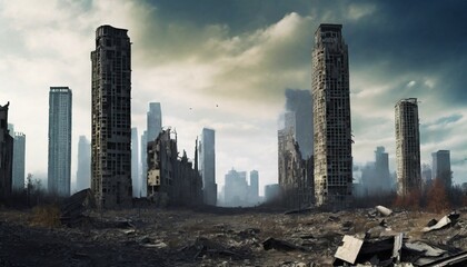 post apocalyptic skyline ruined skyscrapers  - obrazy, fototapety, plakaty