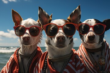  three dogs wearing red and white sunglasses and a red and white shirt with a red and white stripe on it.