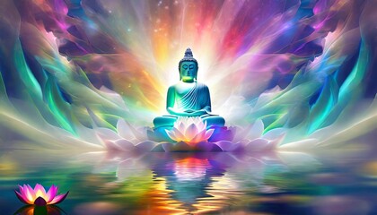  illustration of buddha aura of energy surreal fantasy light flashing beautiful light spectrum bright white lotus flower burning cloud like petals seawater - obrazy, fototapety, plakaty