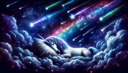 Cosmic Unicorn in Starry Night. A mystical unicorn reclines among vibrant stars and nebulae in a dreamy cosmic scene.