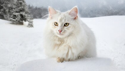 beautiful white fluffy turkish angora cat on snow background