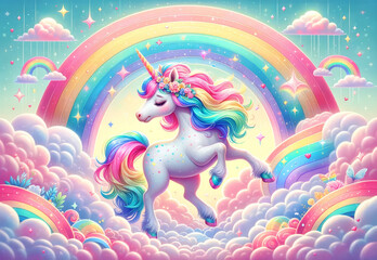 Obraz premium Whimsical Unicorn and Rainbows. A cheerful unicorn prances among clouds, rainbows, and stars in a pastel dreamscape.