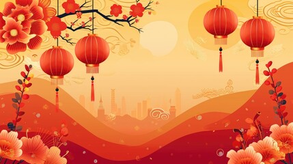 Chinese new year background with red paper lanterns