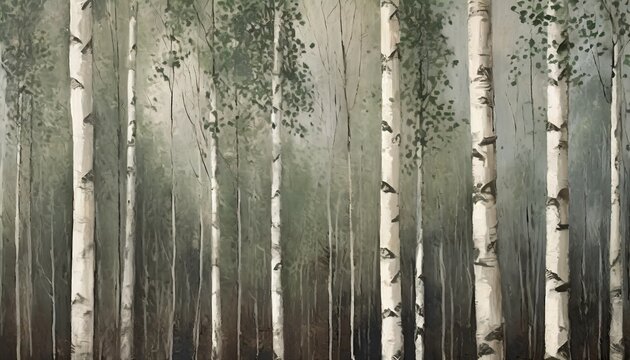 art painted birch trees on a textured background drawing in light and dark colors photo wallpaper for the interior