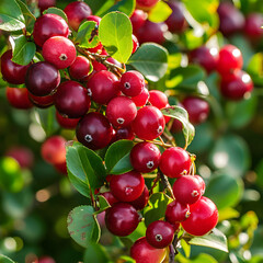 Ripe red crab apples clustered on a branch with green leaves in sunlight