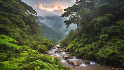 Tropical forest nature landscape view with toursits mountain range and moving cloud mist at Kew Mae...