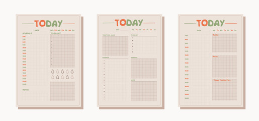Three simple daily planners in one vector style. Minimalist design of organizer schedule pages with to do list for today for effective planning