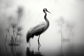  a large bird standing in the middle of a body of water with tall grass in the background on a foggy day.