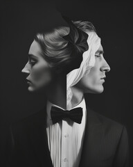 Elegant couple in a surreal split portrait, ideal for fashion and lifestyle editorial content.