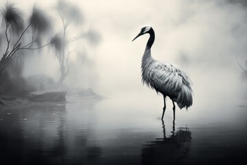  a large bird standing in the middle of a body of water in a foggy, black and white photo.