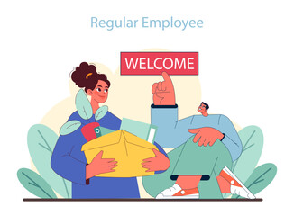 Regular Employee concept. Celebratory moment of transition with a welcome sign and a cheerful thumbs-up. Flat vector illustration.