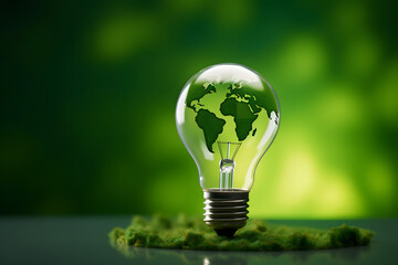 Renewable Energy.Environmental protection, renewable, sustainable energy sources. Green world map on the light bulb on green background .green energy. Renewable energy is important to the world - obrazy, fototapety, plakaty