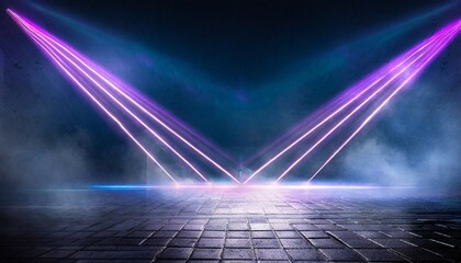 stage shows dark blue background an empty dark scene laser beams neon spotlights reflecting on the asphalt floor and a studio room with smoke floating up a night view of the street the city