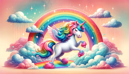 Celestial Unicorn with Rainbow.
A celestial unicorn with a colourful mane gallops across clouds and a rainbow.