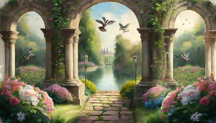 Fototapeta premium garden antique terrace overlooking the lake