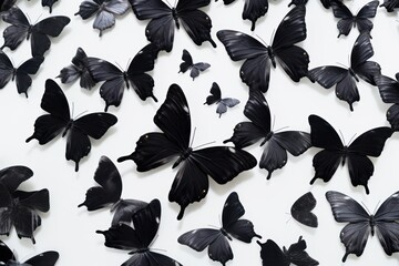  a group of black and white butterflies on a white sheet of paper with a black butterfly in the middle of the picture.