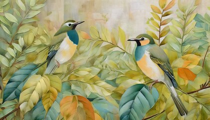 birds in the leaves art drawing on a texture background photo wallpaper in the interior