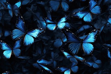  a group of blue butterflies flying in the air with black leaves in the foreground and a blue sky in the background.
