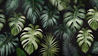 tropics art painted leaves on a dark background texture picture murals in the interior - obrazy, fototapety, plakaty