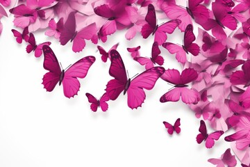  a group of pink butterflies flying in the air on a white background with a place for a text or image.