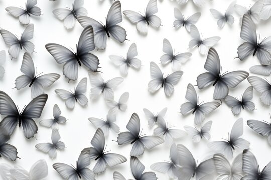  a group of black and white butterflies flying in the air with a white wall in the background and a white wall in the foreground.