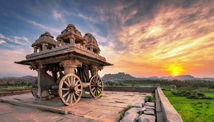 unbelievable stone chariot in hampi vittala temple at sunset india - obrazy, fototapety, plakaty