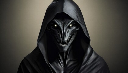 reptilian demon in a black hood - obrazy, fototapety, plakaty
