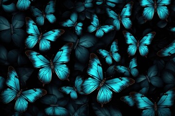  a large group of blue butterflies flying in the air with one of them turned to the right and the other to the left.