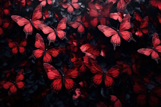  a group of red butterflies flying in the air with a black background and a red light in the middle of the picture.