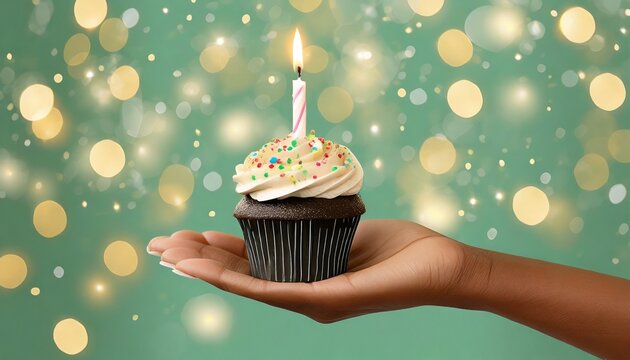 a right hand woman hand holding a sprinkles cupcake with a lit candle on top the light green background is out of focus with bokken lightsillustration