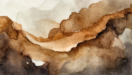 Fototapeta premium Watercolor brown stain, on textured paper background. 