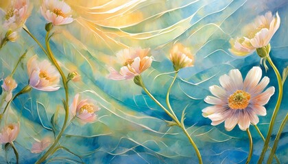 art drawing where flowers are depicted on wavy stems in radiance where there is a textural background in waves photo wallpaper