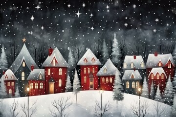  a painting of a snowy night with a red house and trees in the foreground and snow falling on the ground.