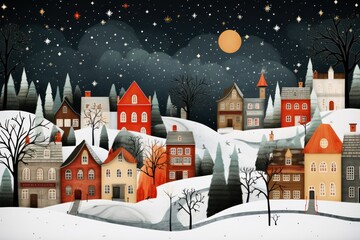  a night scene of a snowy town with a full moon in the sky and a full moon in the sky.