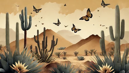 Papier Peint photo Lavable Papillons en grunge illustrated background with a desert motif cacti sand 
