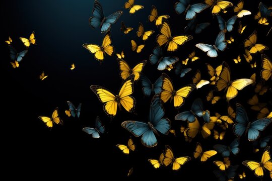  a large group of yellow and blue butterflies flying in the air over a black background with a bright light in the middle of the picture.