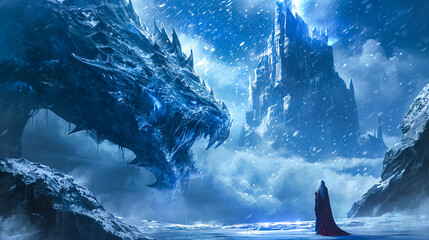 Snow queen with her dragon and her castle, winter scene. Beautiful album art.