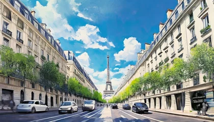 Fotobehang streets of paris france blue sky buildings and traffic © William