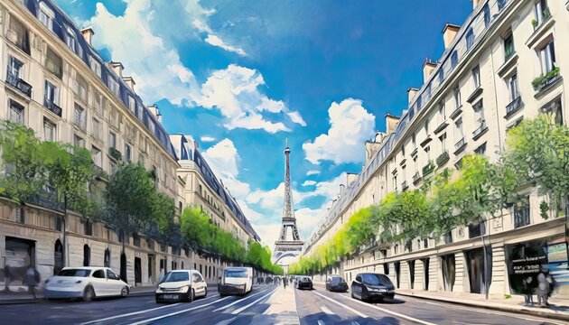 Fototapeta streets of paris france blue sky buildings and traffic