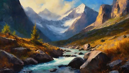 Foto op Canvas mountain river with mountain range in the background  © Frantisek
